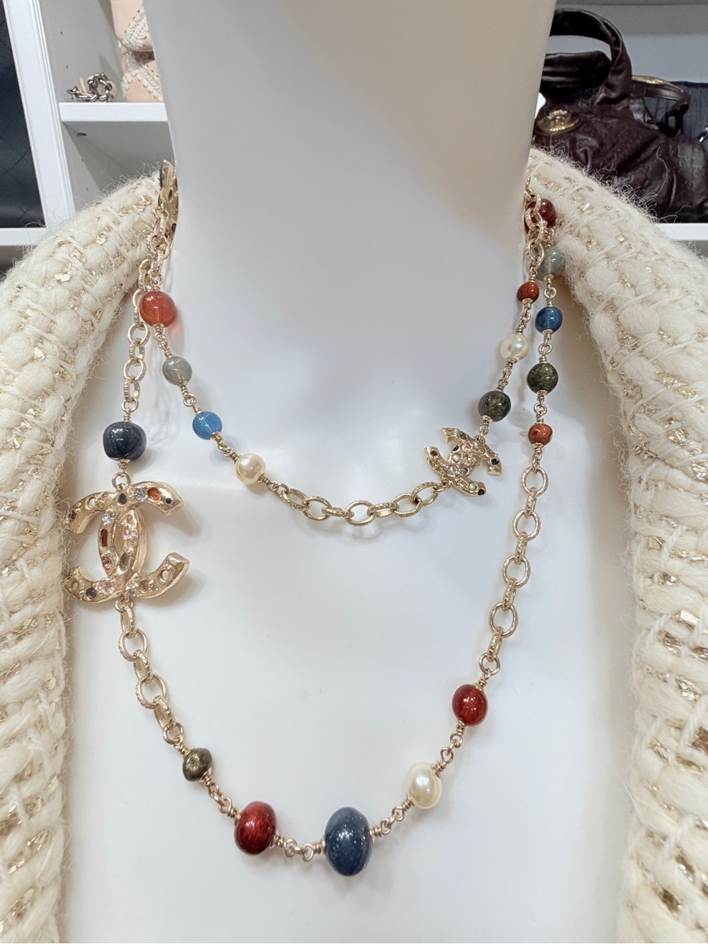 Chanel Pearl and Bead Long Station Necklace with Blue and Green Accents CC